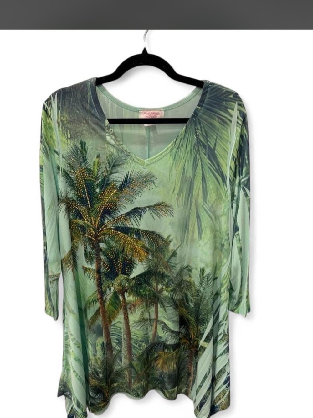 Green Palm-Print V-Neck Women's Dress